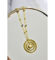 925 Ayar Gümüş Gold Kaplama Greek Desenli Dönence İç İçe Daire Harfli Nazar Mineli Zincirli Kolye