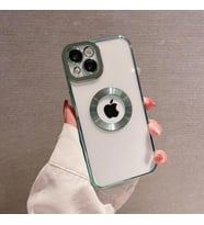 iPhone 14 Logo Detaylı Lens Korumalı Renkli Çerçeve Detaylı Şeffaf Silikon Kılıf (Yeşil)