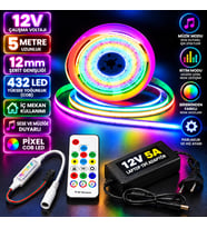 5M 12V 12mm 432 Ledli İç Mekan Pixel Cob Led 5A Laptop Adaptör Sese ve Müziğe Duyarlı Pixel Kumandal