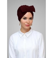 Bordo Pratik Hazır Geçmeli Tesettür Bone Sandy Kumaş Fiyonklu Büzgülü 7006_16