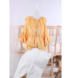 Babyhola 6-9 Yaş Kolyeli Bluz Pantolon Kız Çocuk Yazlık Bayramlık Takım 3098 (Sarı)