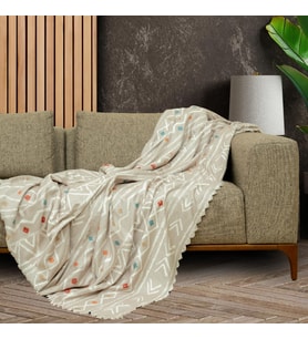 CONCEPT SoftMicro Boho Etnik Desenli Mikrofiber Koltuk Örtüsü ve TV Battaniyesi, Koltuk Şalı, Kaymaz Bej 130x180 cm
