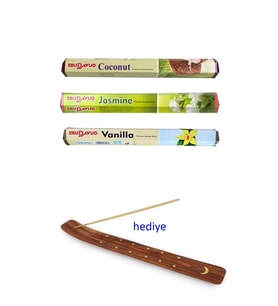 3 Paket 20 Çubuklu Tütsü Jasmine - Coconut - Vanilla - Kayık Hediyeli