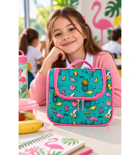 Flamingo Şeker Muz Temalı Beslenme Çantası Çocuk Okul Yemek Çantası Yeşil Pembe 24x22x14 cm