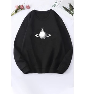Unisex Astronaut Rides Baskılı Bisiklet Yaka Sweatshirt (Siyah)