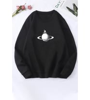 Unisex Astronaut Rides Baskılı Bisiklet Yaka Sweatshirt (Siyah)