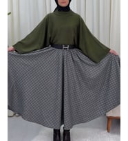 Ekose Desenli Sonsuz Etek - Beli Lastikli 360 Derece Etek (Haki)