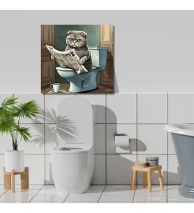 Tekli Kare Kanvas Banyo Tablosu Gazete Okuyan Scottish Kedi