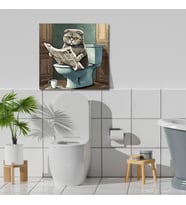 Tekli Kare Kanvas Banyo Tablosu Gazete Okuyan Scottish Kedi