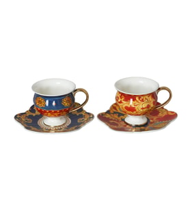 Lucky Art Florance Bone China Porselen Mavi Kırmızı Desenli Ayaklı 4 lü Çay Fincanı Seti LYHD 615 (Çok Renkli)
