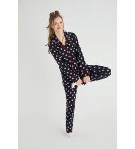 Lisanslı Düğmeli Uzun Kol Pijama Takım Roz-63 (Siyah)