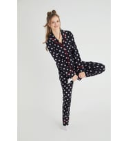 Lisanslı Düğmeli Uzun Kol Pijama Takım Roz-63 (Siyah)