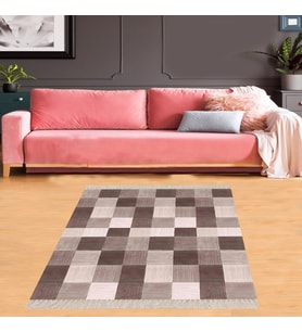 Kare Blok Desenli Dijital Baskı Yıkanabilir Kaymaz Taban Modern Salon Halısı ve Yolluk (Kahve) (Kahverengi)