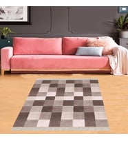 Kare Blok Desenli Dijital Baskı Yıkanabilir Kaymaz Taban Modern Salon Halısı ve Yolluk (Kahve) (Kahverengi)