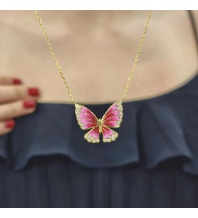 Pembe Lazer Mineli Zirkon Taşlı Gold Kaplama 925 Ayar Gümüş Kolye