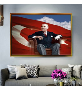 Tablore Türk Bayraklı Koltukta Oturan Atatürk Tablosu Çerçeveli Kanvas Tablo Modern Salon Dekoru