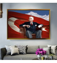 Tablore Türk Bayraklı Koltukta Oturan Atatürk Tablosu Çerçeveli Kanvas Tablo Modern Salon Dekoru