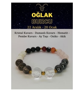 Oğlak Burcu Bilekliği Kristal Kuvars, Pembe Kuvars, Granatlal, Hematit, Dumanlı Kuvars, Oniks,aytaşı
