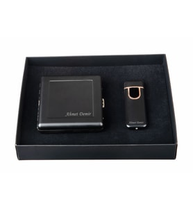 Kişiye ve İsme Özel Siyah Metal Slim Tabaka ve Usb Şarjlı Çakmak Seti
