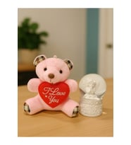Sevgiliye Eşe Özel Günlere Hediye Sevimli Mini Peluş Ayıcık ve Mini Melek Kar Küresi Set Pembe (Karışık)