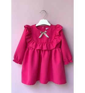 FIRFIR VE KURDELE DETAYLI TASARIM ŞEKER PEMBE KIZ ÇOCUK BEBEK ELBİSE