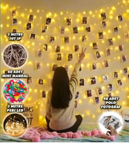 48 Fotoğraf Baskı, 3 Metre Peri Led, 48 Mandal ve Jüt İp Seti, Anı duvarı, Çerçeve