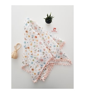 Çiçekli 85x90 Ponponlu Tek Katlı Müslin Yenidoğan Bebek Battaniyesi , %100