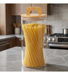 Bambu Kapaklı Yuvarlak Borosilikat Cam Kavanoz 1200 ml, 10 × 20 cm, Contalı ve Kulplu Kapaklı Şeffaf Kuru Gıda Saklama Kabı
