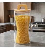 Bambu Kapaklı Yuvarlak Borosilikat Cam Kavanoz 1200 ml, 10 × 20 cm, Contalı ve Kulplu Kapaklı Şeffaf Kuru Gıda Saklama Kabı