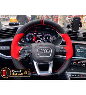 Audi Q3 Dikme Direksiyon Kılıfı Parlak Siyah Kırmızı Detaylı Kırmızı Çift Yüzük ve Dikiş 2018-2026