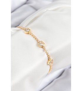 Pirinç Zirkon Taşlı Sıralı Kalp Model Gold Renk Kadın Bileklik TJ-BB7729