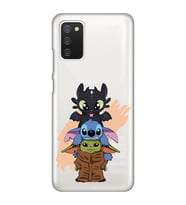 Samsung Galaxy A02S Uyumlu Sevimli Baby Yoda ve Stitch Desenli Şeffaf Telefon Kılıfı