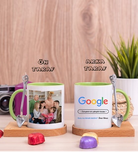 Kocaya Hediye Google Tasarım Fotoğraflı Ahşap Altlıklı Yeşil Kupa