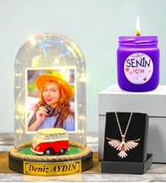 Kişiye Özel Led Işıklı Fanus, Kokulu Mum ve Gerçek Ametist Taşlı Anka Kuşu Kolye (Model 4)