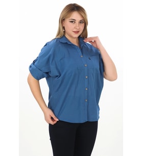 %100 Cotton Yazlık Organik Büyük Beden Kadın Gömlek (İndigo)
