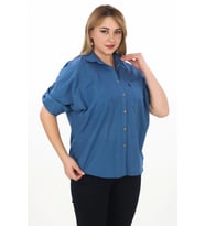 %100 Cotton Yazlık Organik Büyük Beden Kadın Gömlek (İndigo)