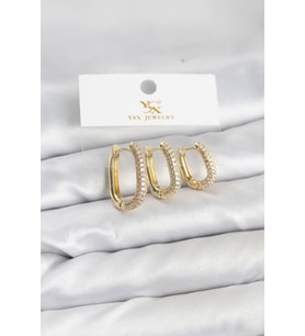 Pirinç Gold Renk Zirkon Taşlı Halka Model YSX Trio Küpe Seti 5886 - SSSSSS6117-7582