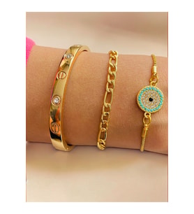 Altın Kaplama 3 lü Kombin Bileklik Seti Gold Renk Kadın Zincir Bilezik Künye Asansör Pandora