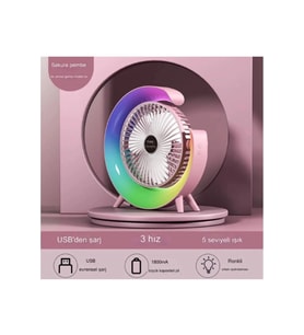 Masaüstü Vantilatör Usb Şarjlı Rgb Led Işıklı 3 Kademeli 180° Ayarlanabilir Soğutucu Fan Pembe