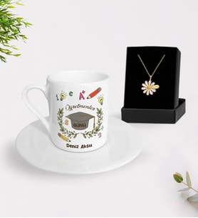BK Gift Kişiye Özel Öğretmenler Günü Türk Kahvesi Fincanı ve İsimli Papatya Kolye Hediye Seti- 16, Öğretmene Hediye, Öğretmenler Günü