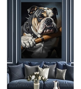 Beyzbol Sopalı Karizmatik Bulldog Köpek Dekoratif Kanvas - Mdf Ahşap Tablo