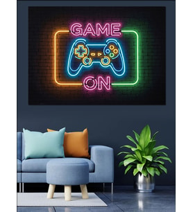 Neon Işıklı Game On Yazısı Dekoratif Kanvas - Mdf Ahşap Tablo