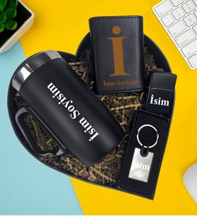 Kişiye Özel Premium Kalp Kutu Termos Kulplu Bardak Metal Mekanizmalı Cüzdan Lüx Anahtarlık Zippo Metal Çakmak Hediye Set
