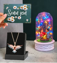Premium Set Renkli Led Işıklı Fanus ve Renkli Zümrüdü Anka Kuşu Kolye (Model 7)