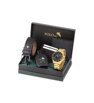Polo Air Mercek Takvimli Erkek Kol Saati Cüzdan Kemer Kartlık Parfüm Seti Gold Siyah Renk PL-7073E7 (Altın-Siyah)