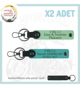 Tek Teker, İsim Plaka ve 0 Rh (+) Kan Grubu Yazılı x2 Deri Anahtarlık Hediyelik, Yeşil-K Turkuaz-Syh (Çok Renkli)