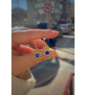 Gümüş telkari model lacivert taşlı anne küpesi
