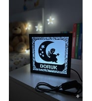 Kişiye Özel İsimli Bebek ve Çocuk Odası Gece Lambası - Ay Dede ve Melek Temalı Dekoratif Aydınlatma Mavi ( Canlı Anılar )