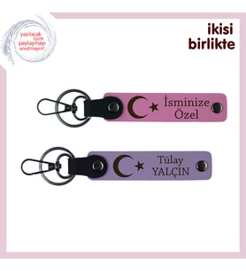 Sevgiline Ömürlük Hatıra – Ay Yıldızlı, Kişiselleştirilebilir Deri Anahtarlık Seti, Pembe-Mor