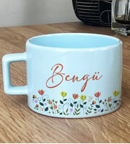 Kişiye Özel Çiçek Desenli Hediye Pastel Fincan Doğum Günü Hediyesi -10- (Mavi)